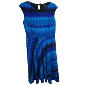R&K Womenns Wearable Art Dress Small Blue Black Fit & Flare Short Sleeve Carrier